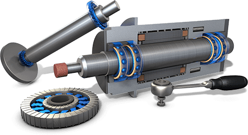 3D Rendering eines Kugellagers, einer Spindel, einer Dichtung und eines Schraubenziehers