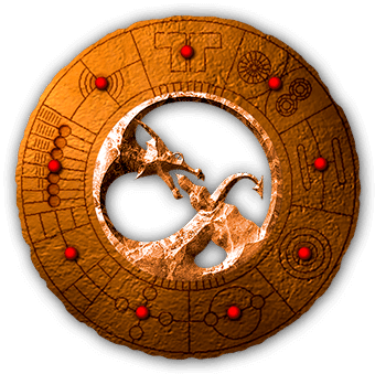 Eine Scheibe mit einem Drachenkopf in der Mitte und verschiedenen, kreisförmig angeordneten Steuerelementen