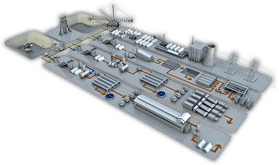 3D Rendering eines stilisierten Prozessablaufs im Mining-Bereich