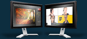 Zwei Bildschirme, einer davon zeigt drei Kurteilnehmerinnen und einen Trainer bei einem Webinar