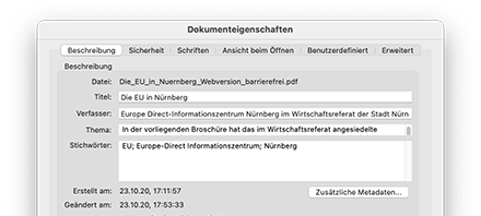 Bildschirmfoto der Metadaten eines PDF Dokuments