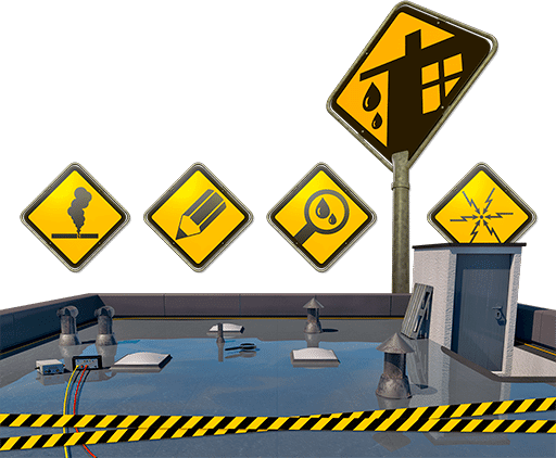 3D-Rendering eines Flachdachs und vier Icons in der Optik von Straßenschildern