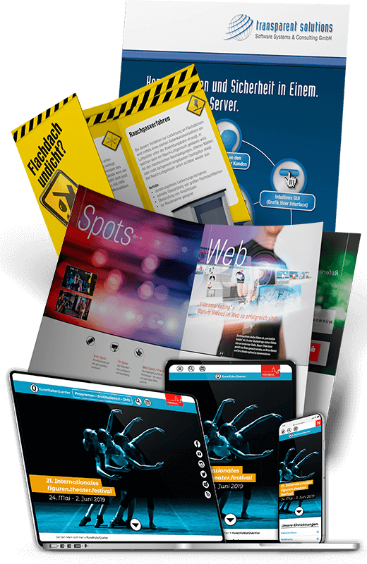 Mehrere Broschüren, ein Plakat und Screendesigns