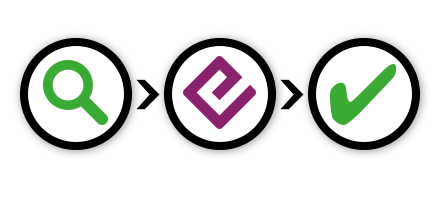 Drei Piktogramme mit einer Lupe, einem ePub-Icon und einem grünen Haken