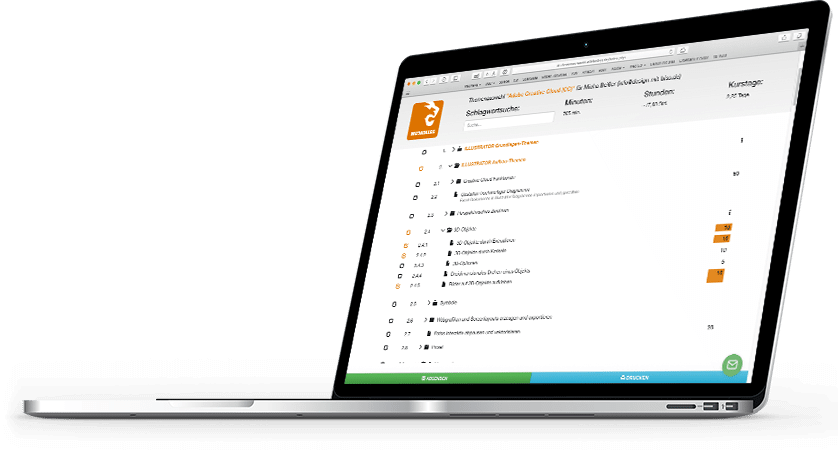Zwei Monitore mit Seminarteilnehmern auf dem einen und der Schulungssoftware auf dem zweiten Bildschirm