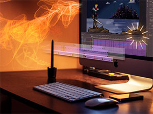 Ein Computermonitor zeigt die Benutzeroberfläche von Adobe Animate und den stilisierten Bewegungsablauf einer Comic-Figur – Adobe Animate Schulung