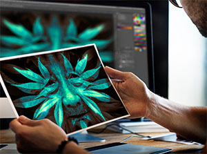 Ein Mann hält einen Fotoabzug in den Händen auf dem eine Bildcollage zu sehen ist. Im Hintergrund befindet sich ein Computermonitor, der die gleiche Bildcollage in Adobe Photoshop zeigt – Adobe Photoshop Schulung