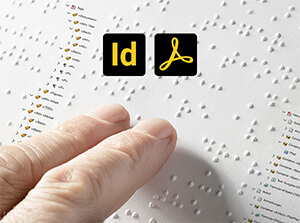 Hand mit Braille-Schrift und eingeblendeter Tag-Struktur eines barrierefreien PDF-Dokuments – Barrierefreie PDFs mit InDesign und Word erstellen Schulung
