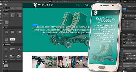 Benutzeroberfläche von Webflow mit einer responsiven Webseite. Im Vordergrund ein Smartphone, das die Mobildarstellung der gleichen Internetseite zeigt.