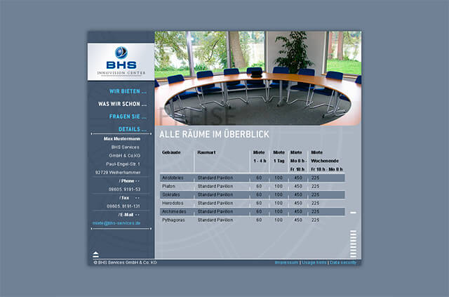 Screendesign-Entwurf für eine anmietbare Event-Location