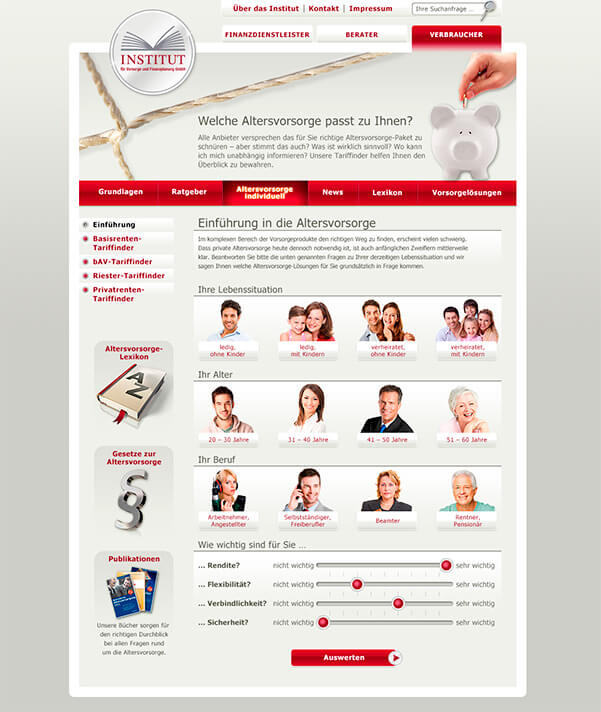 Screendesign-Entwurf einer Unterseite des Instituts für Vorsorge- und Finanzplanung