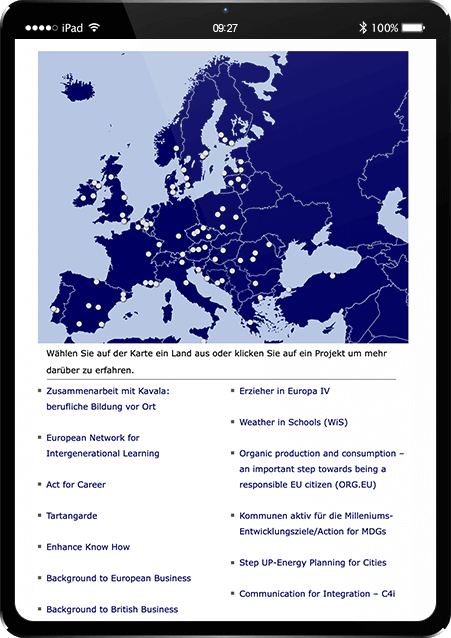 Screendesign-Entwurf mit einer Projektübersicht auf einer interaktiven Landkarte