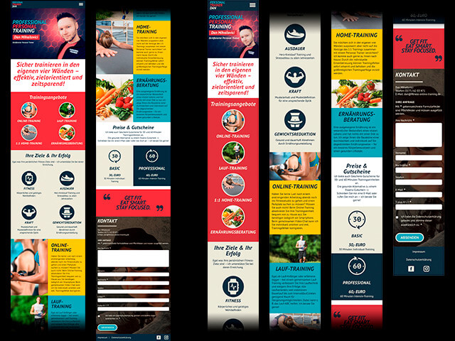 Screendesign-Entwurf für den Personal Trainer Dan Mihailovici, Tablet- und Mobil-Ansicht