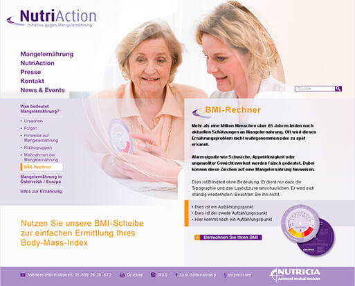 Screendesign-Entwurf einer Unterseite für eine Informationsseite zum Thema Mangelernährung