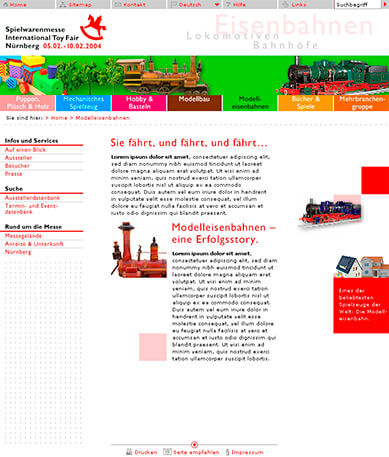 Screendesign-Entwurf einer Unterseite für die Spielwarenmesse Nürnberg