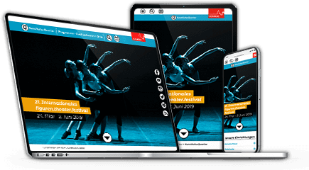 Ein Laptop, ein Tablet und ein Smartphone, welche alle die Homepage des KunstKulturQuartiers in Nürnberg zeigen, welche sich an die unterschiedlichen Bildschirmgrößen dynamisch anpasst