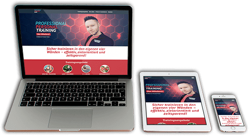 Ein Laptop, ein Tablet und ein Smartphone, welche alle die Homepage des Personal-Trainers Dan Mihailovici in Nürnberg zeigen, welche sich an die unterschiedlichen Bildschirmgrößen responsiv anpasst